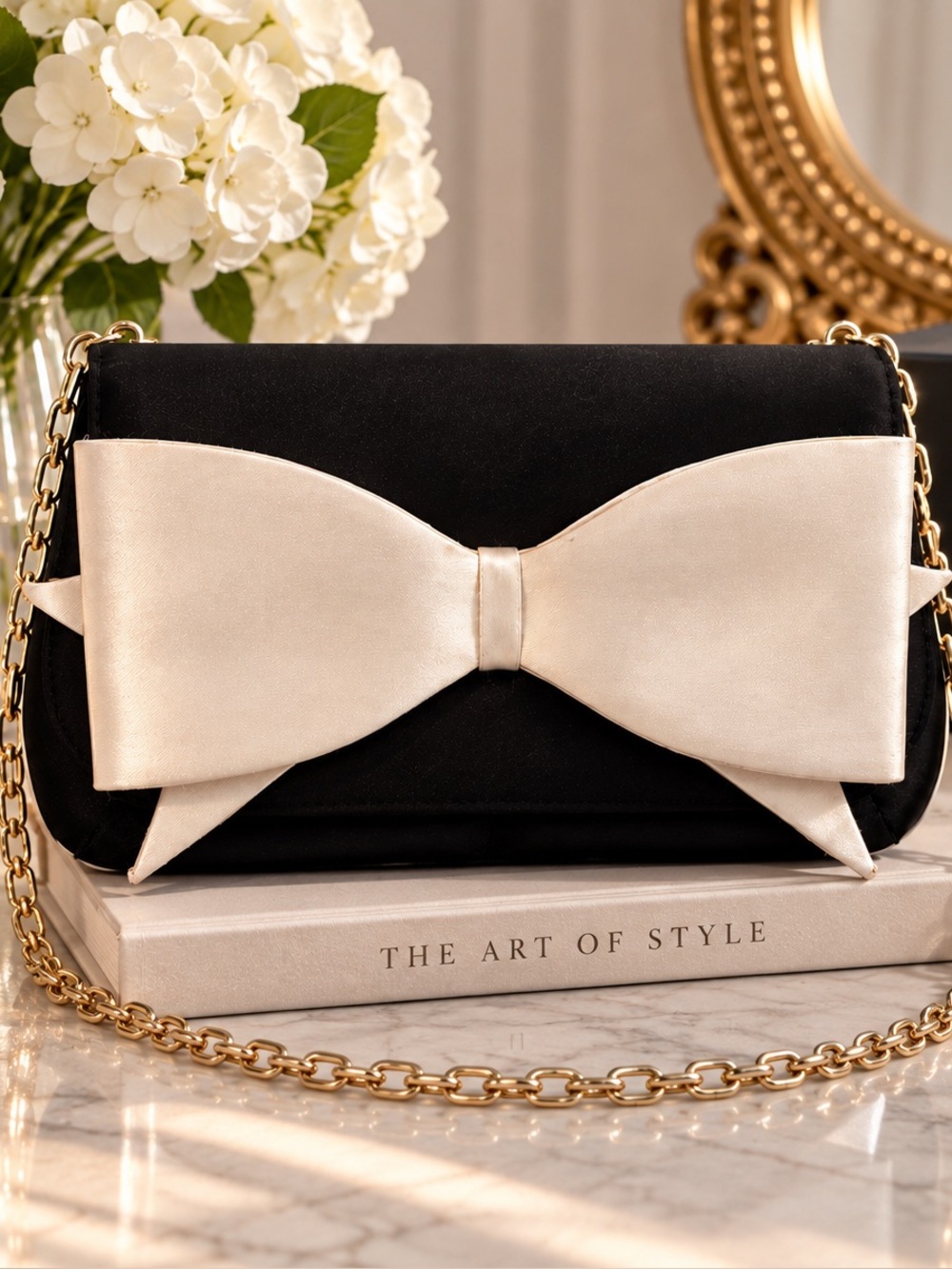 Ted Baker RIELLA Bow Clutch Black & Ivory Satin Chain Shoulder Bag Glam Elegant